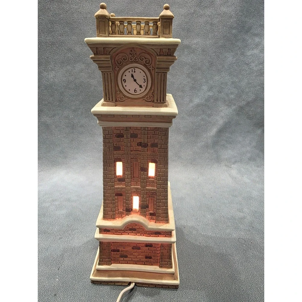 Holiday Time Christmas Village Clock Tower Lighted Building P7023 Brown Brick